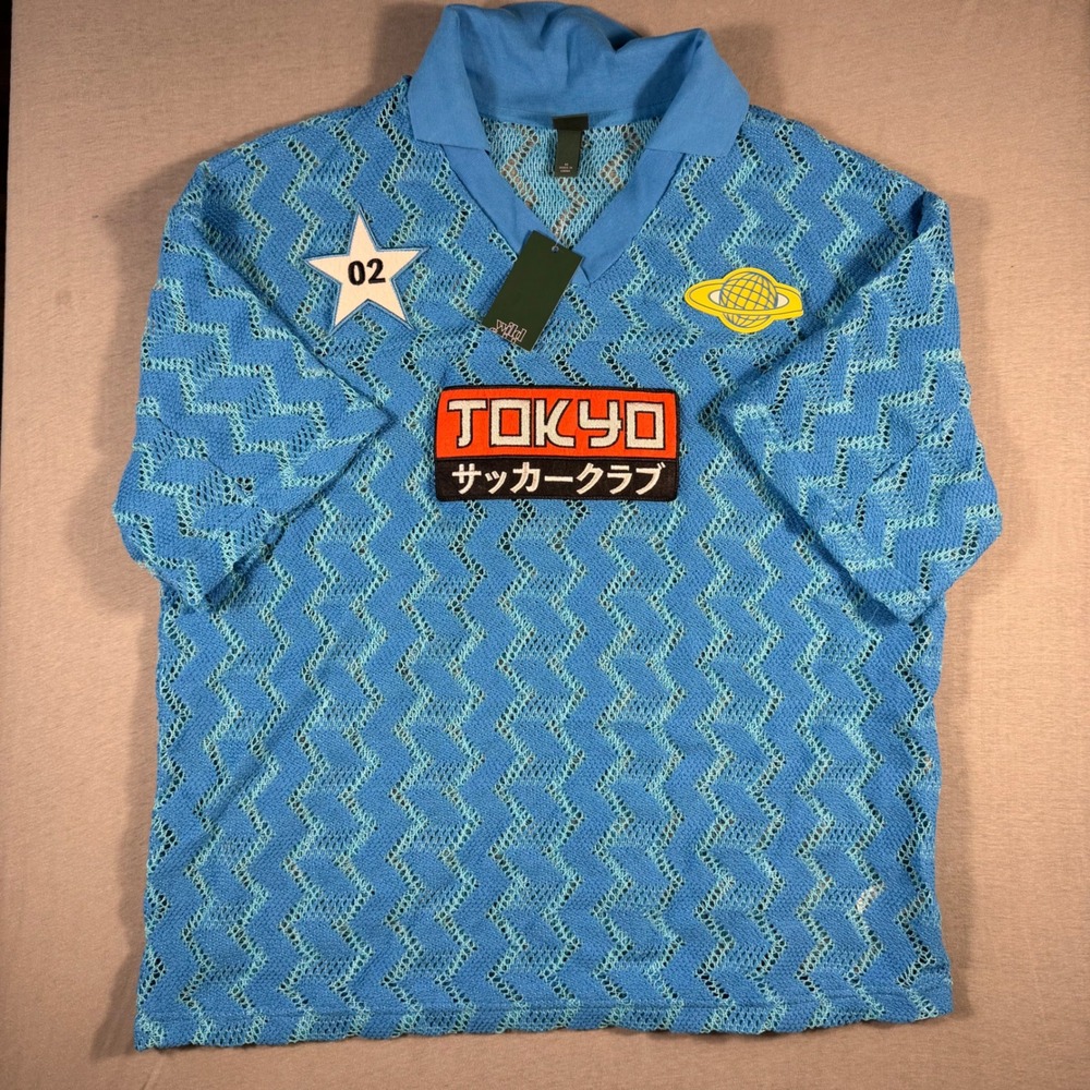 New Wild Fable Tokyo Soccer Club Crochet Polo Shirt Azure Blue Medium